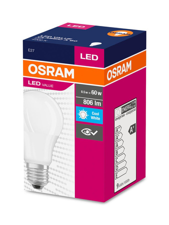 E27 A60 LED Lampe 8,5 W = 60 W, 806 lm, 4000 K, neutral, 200 °, OSRAM Value