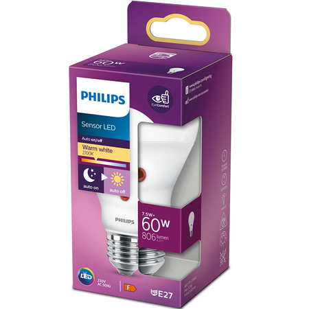 LED Leuchtmittel E27 A60 7,5W = 60W 806lm 2700K Warm 250° mit Dämmerungssensor PHILIPS