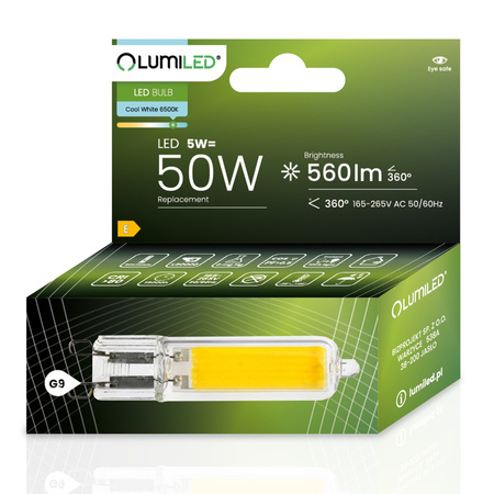 LED Kapseln G9, COB LED-Lampe 5W = 50W 560lm 360° 6500K kalt LUMILED