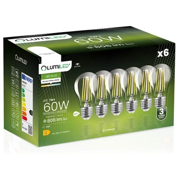 6x LED Lampen E27, Glühbirne A60 7W = 60W 770lm 360° 4000K neutral Glühfaden LUMILED