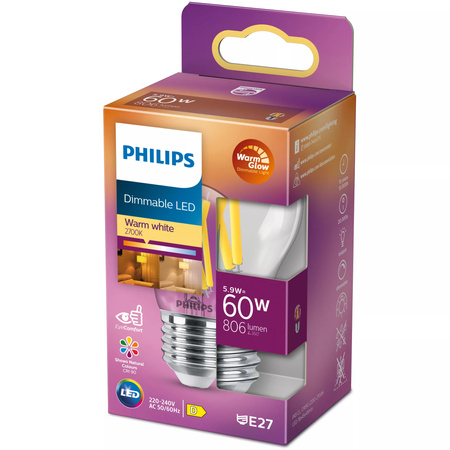 LED-Kugelbirne E27 P45 5,9W = 60W 806lm 2700 warmes Filament PHILIPS dimmbar