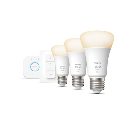 3PAK LED-Glühbirne E27 A60 9.5W 2700K Warm PHILIPS HUE Weiß Bluetooth Zigbee + Hue Bridge + Dimmschalter