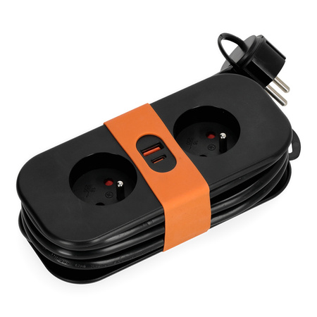 FlowFlexer Orange 2x230V + USB-A/USB-C 16A 3680W 1,4m Verlängerungskabel mit Erdung Kobi