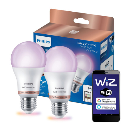 2x LED-Lampe E27 A60 8.5W = 60W 2200-6500K TW + RGB SMART WiFi Philips WiZ