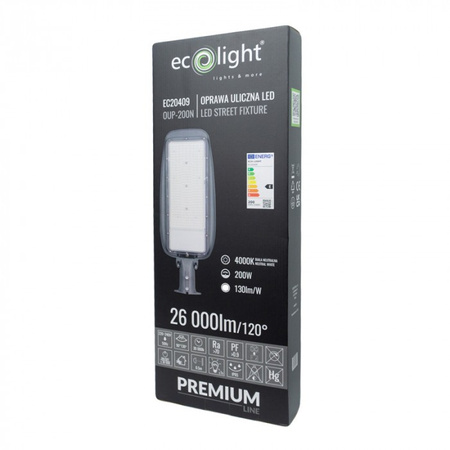 LED-Straßenleuchte 200W 26000lm 4000K Neutral IP65 130lm/W PREMIUM Ecolight