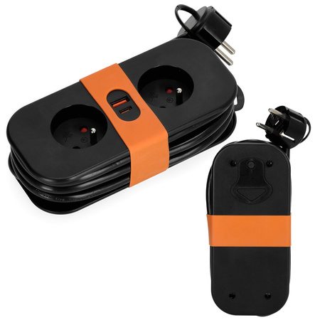 FlowFlexer Orange 2x230V + USB-A/USB-C 16A 3680W 1,4m Verlängerungskabel mit Erdung Kobi