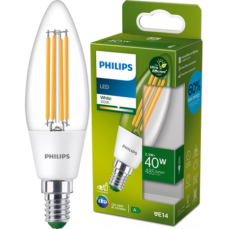 LED-Kerzenlampe E14 B35 2,3 W = 40 W 485 lm 3000 K warmes Filament PHILIPS Ultra effizient
