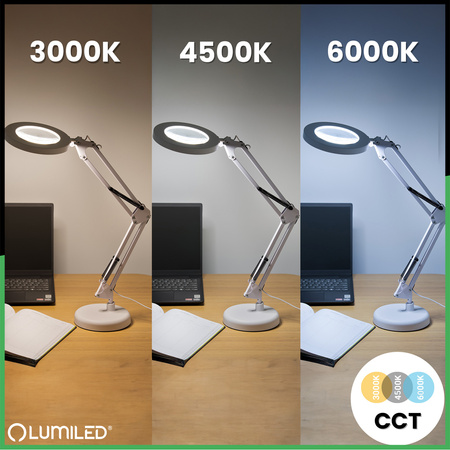 Schreibtischlampe LED 8W CCT Zeichnung Tischlampe 3x Vergrößerungsglas LUCA 2 Weiß LUMILED