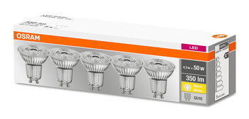 5x GU10 LED Leuchtmittel 4.3W = 50W 350lm 2700K Warm 36° OSRAM Sockel