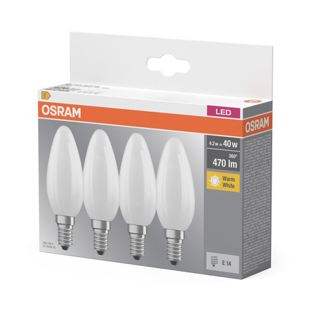 4x LED-Lampe B35 Kerze E14 4W = 40W 470lm 2700K Warm 300° BASE Osram