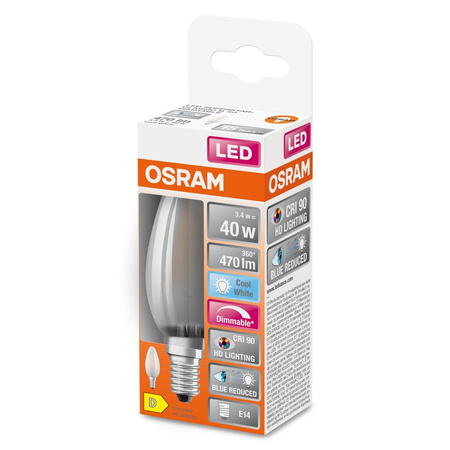 E14 B35 LED Lampen 3,4 W = 40 W, 470 lm, 4000 K, neutral, 300° CRI90 Filament, OSRAM SUPERSTAR+, dimmbar