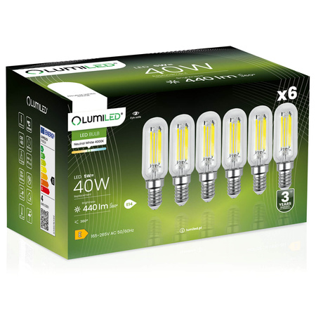 6x LED Lampen E14, LED Kühlschranklampe T25, 4W = 40W, 440lm, 4000K, neutral, Glühfaden LUMILED