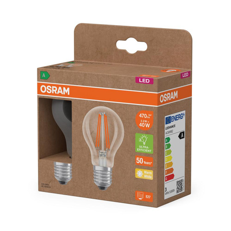 2x LED-Glühbirne A60 E27 2.2W = 40W 470lm 2700K Warm 300° Filament CLASSIC ENERGY EFFICIENCY Osram