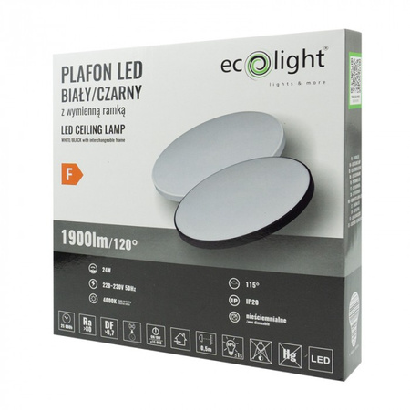 LED-Deckenleuchte 24W 1900lm 4000K Neutral mit austauschbarem schwarzem oder weißem Rahmen Ecolight