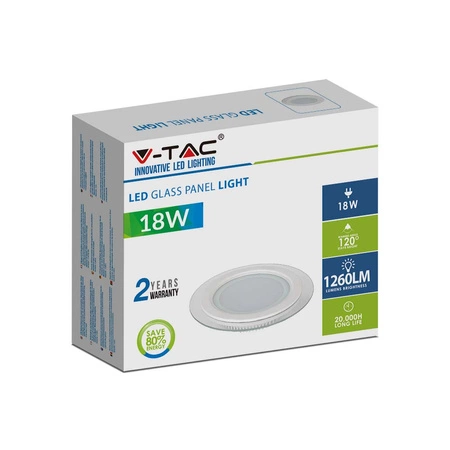 LED-Einbaupanel 18W 3000 K Glas rund flimmerfrei VT-1881G V-TAC