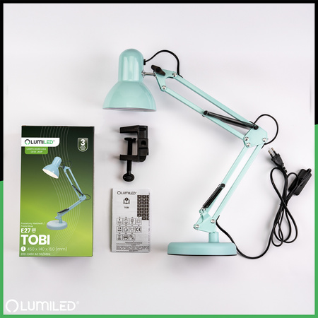 Schreibtisch Zeichnung Tischlampe E27 TOBI Pastellblau Lumiled + Countertop Halterung