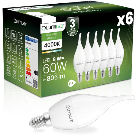 6x LED Lampen E14, Glühbirne BA35 8W = 60W 806lm 180° 4000K neutral LUMILED
