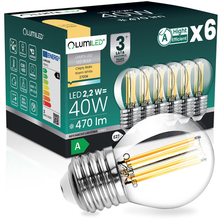6x LED-Lampe E27 Kugel P45 2,2W 470lm = 40W 2700K warmweiß 360° Filament Energieklasse A LUMILED