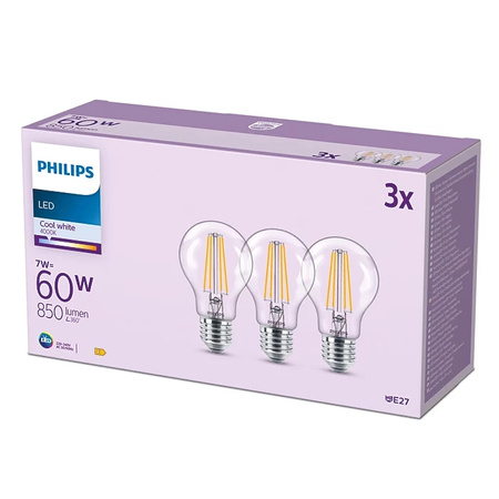 LED Lampen Satz von 3x E27 A60 7W = 60W 850lm 4000K Neutral Glühfaden PHILIPS