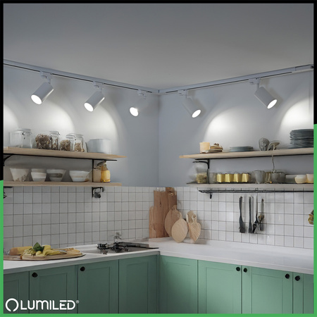 3m Stromschiene Weiß + 5x Schienenstrahler GU10 Weiß-Gold SAGI + L-Verbinder LUMILED