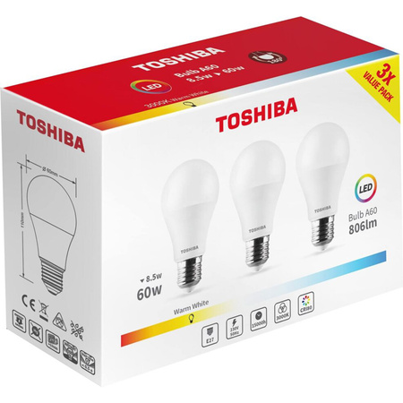 3x LED Lampen E27 A60 8,5W = 60W 806lm 3000K Warm TOSHIBA