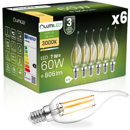 6x LED-Lampe E14 Kerze BA35 7W = 60W 806lm 3000K Warm 360° FILAMENT LUMILED