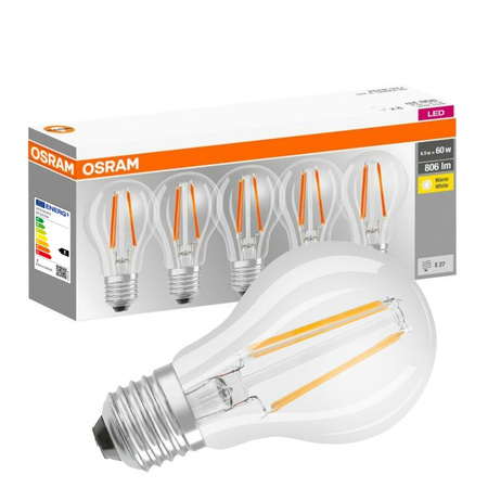 5x LED Lampen E27 A60 7W = 60W 806lm 2700K Wärme 300° Filament OSRAM