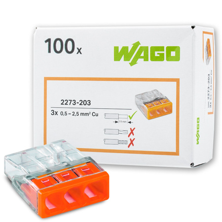 100x WAGO 2273-203 Quick Connect Installationsverbinder für DRAHT 3x0,5-2,5mm