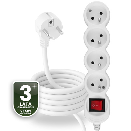 Netzverlängerungskabel Geerdete Steckdosenleiste 4 Steckdosen 3m ON/OFF Schalter Weißes Kabel Lendo Lumiled