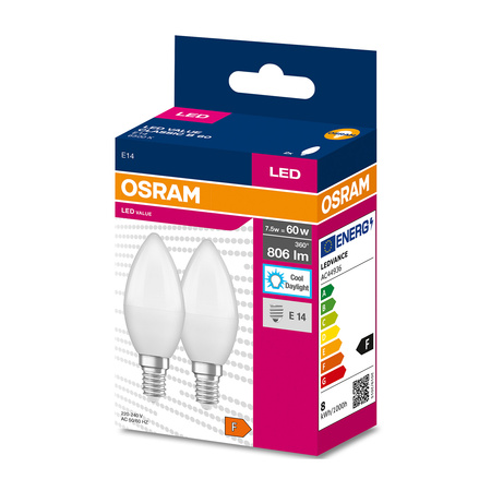 2x LED Lampe E14 B35 7W = 60W 806lm 6500K Kalt 220° OSRAM VALUE