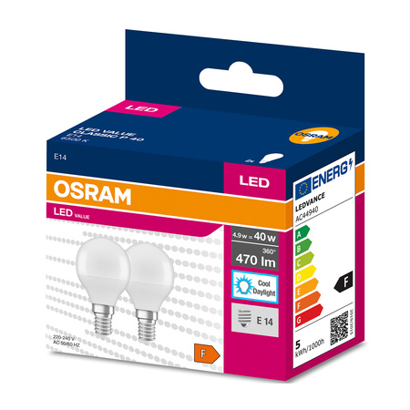 2x LED Lampe E14 P45 4,9W = 40W 470lm 6500K Kalt 200° OSRAM VALUE