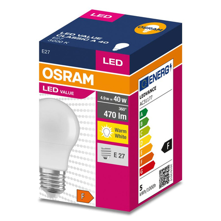 LED Lampen E27 A60 4.9W = 40W 470lm 3000K Warm 200° OSRAM