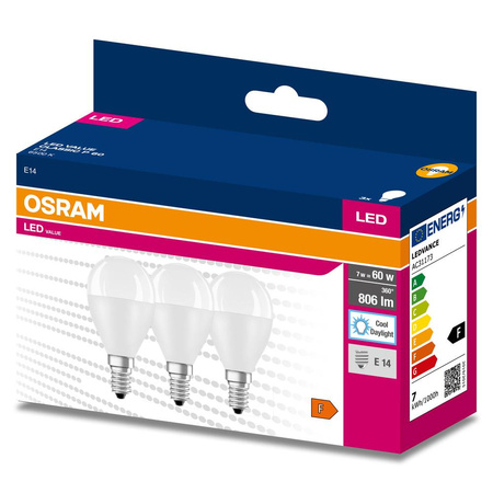 3x LED Lampe E14 P45 7W = 60W 806lm 6500K Kalt 200° OSRAM Value