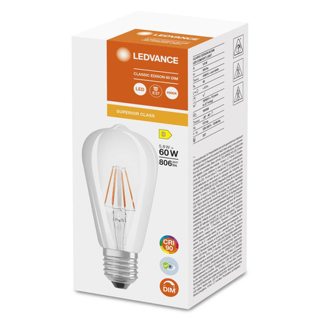 Edison LED Lampen E27 ST64 5,8W = 60W 806lm 4000K Neutral 300° CRI90 Filament Dimmbar LEDVANCE Superior