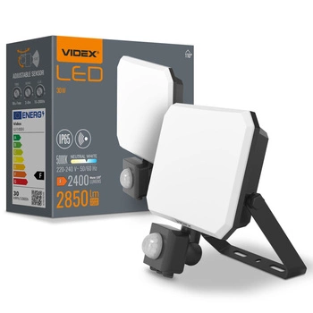 LED-Flutlicht 30W 2850lm 5000K Kalt mit Bewegungs- und Dämmerungssensor Schwarz mit Milchglasschirm Videx
