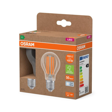 2x LED-Glühbirne A60 E27 7.2W = 100W 1521lm 4000K Neutral 320° Filament CLASSIC ENERGY EFFICIENCY Osram