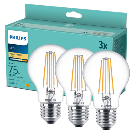 3x LED Lampen E27 A60 8.5W = 75W 1055lm 2700K Warm Glühfaden PHILIPS