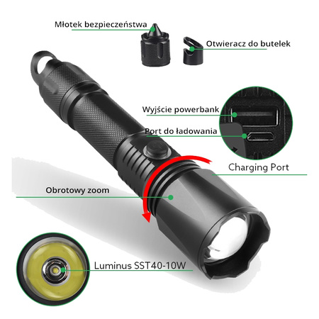 Taktische Taschenlampe wiederaufladbar T6 LED 900lm drehbar ZOOM 5 Modi IPX3 LB0109 LIBOX