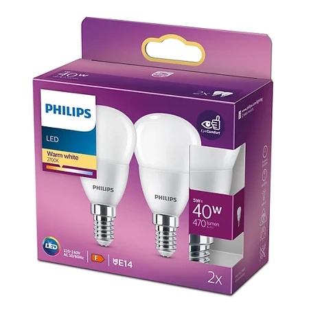 2x LED-Kugelbirne E14 P45 4,9W = 40W 470lm 2700K Warm PHILIPS