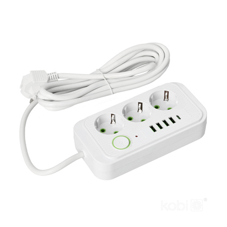KOBI LINEA PRO Verlängerungskabel 3x230V 3m Masse, Schalter und 5xUSB Weiß