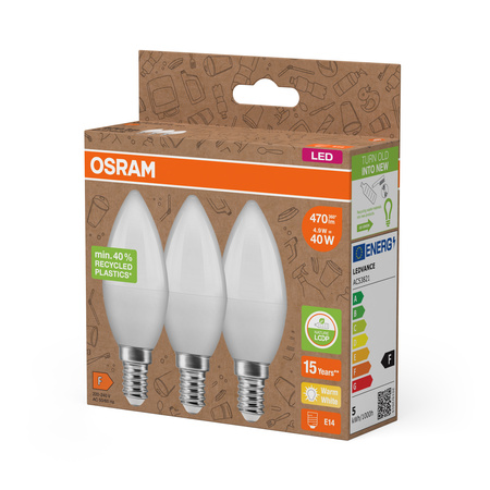 3x LED-Lampe B37 Kerze E14 4.9W = 40W 470lm 2700K Warm 220° PCR LAMPS Osram