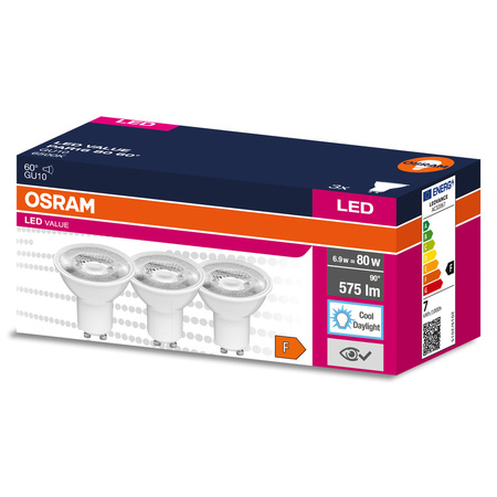 3x LED Leuchtmittel GU10 6,9W = 80W 575lm 6500K Kalt 60° OSRAM Value