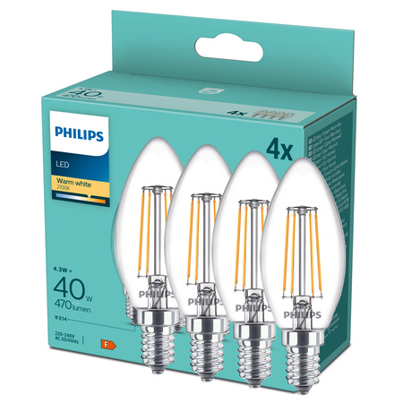 4x LED-Lampe E14 Kerze B35 4.3W = 40W 470lm 2700K Warm 300° FILAMENT Essential Philips