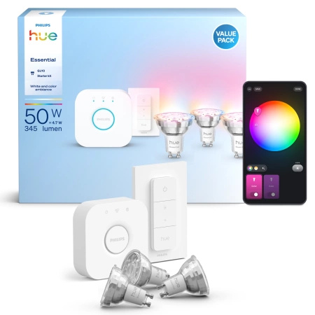 3x LED GU10 Reflektor PAR16 4.7W = 50W 345lm 2200-6500K CCT + RGB SMART Smart Bluetooth ZigBee Weiß und Farbe Ambiance + Brücke Brücke Philips HUE Starter Kit