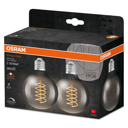 2x LED Dekorative Glühbirne G80 Sphere E27 7.8W = 30W 360lm 1800K Warm 320° Smoke Filament Dimmbar Vintage 1906 Osram