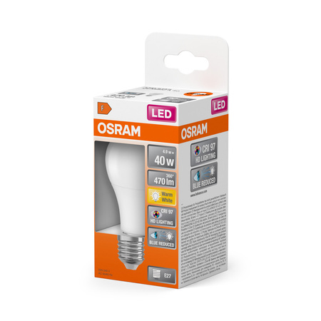 LED-Lampe A60 E27 4.9W = 40W 470lm 2700K Warm CRI>97 180° CLASSIC Osram