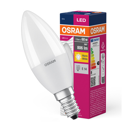 LED Lampe E14 B35 7W = 60W 806lm 2700K Warm 200° OSRAM Value