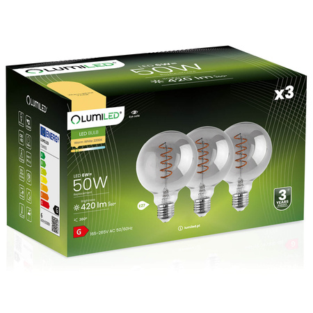 3x LED Lampen E27, Dekorative Glühbirne G95 6W = 50W 420lm 360° 2200K warm Glühfaden Smokey LUMILED