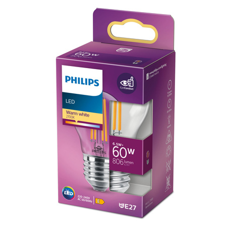 LED-Kugelbirne E27 P45 6,5W = 60W 806lm 2700K warmes Filament PHILIPS