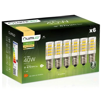 6x LED Lampen E14, LED Kühlschranklampe T25, 5W = 40W, 470lm, 320°, 3000K, warm, LUMILED